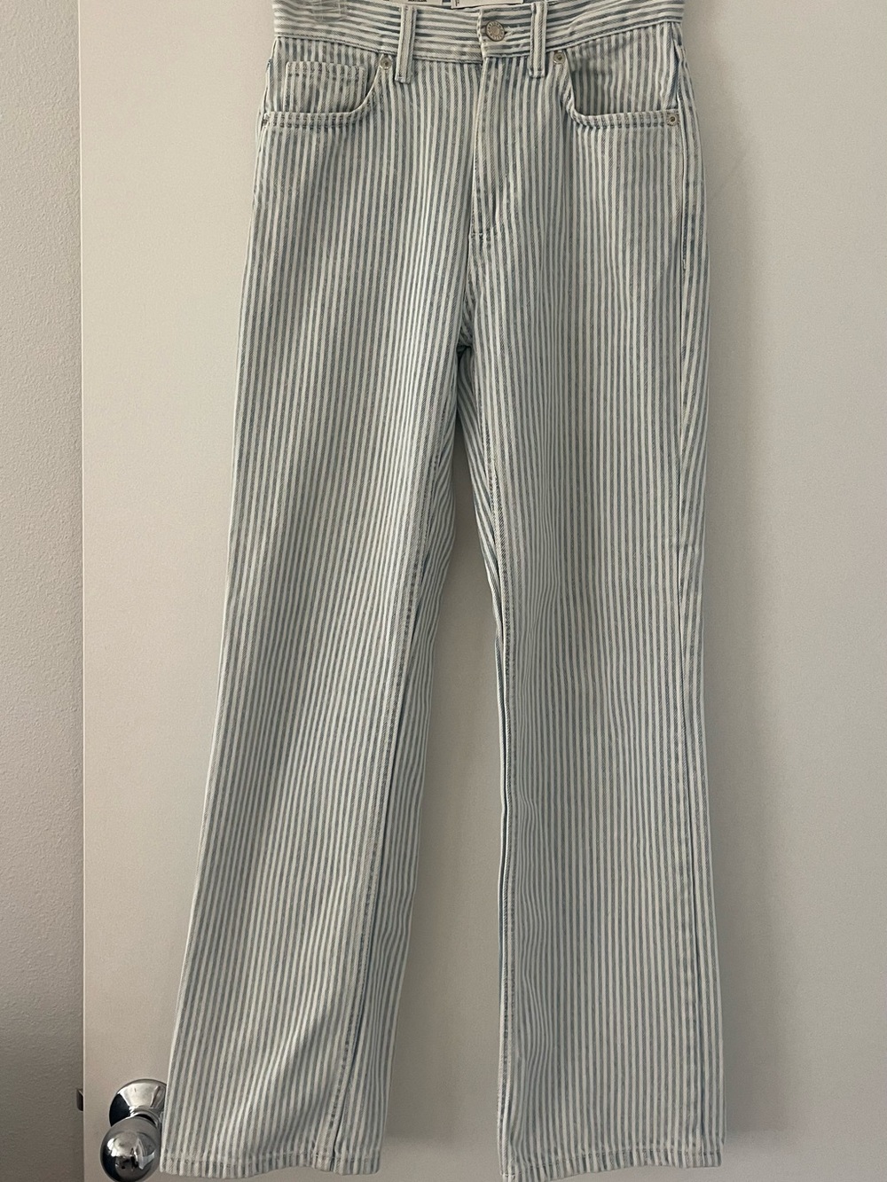 Mango Light Blue and White Vertical Stripe Wide-Leg Jeans
